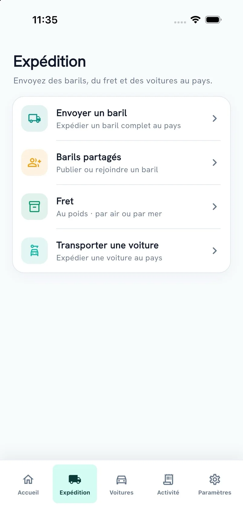 Écran Expédition de l’application Laawol présentant les barils, le fret et le transport de voitures.